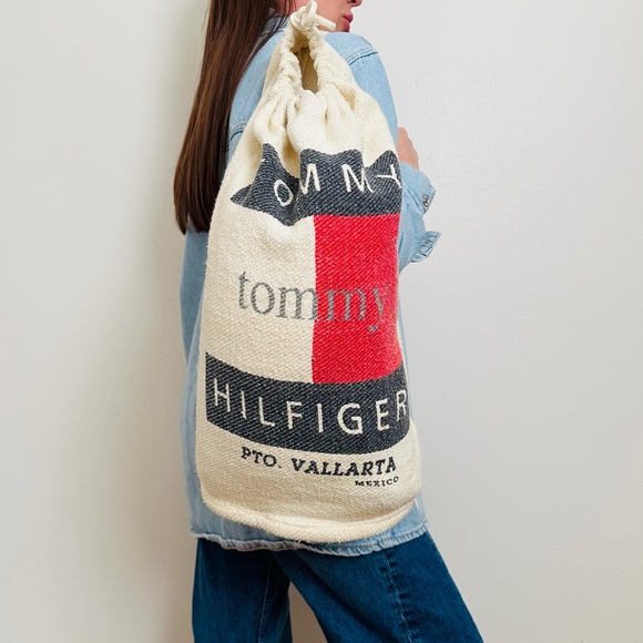 Vintage 90s Tommy Hilfiger Backpack Logo Pouch Beach Tote Bag Canvas main image 5